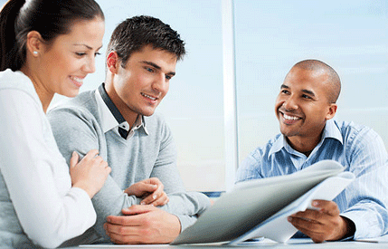 A good tax return preparation professional prepares tax return filing with a big tax refund for a smiling couple