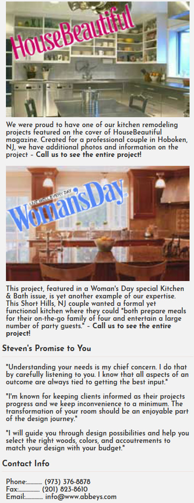 Abbey's Kitchens & Baths features in two nationwide publications, House Beautiful and Woman's Day, picturing kitchen remodels in Hoboken NJ and Short Hills NJ..